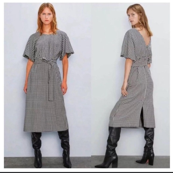 Zara Dresses & Skirts - Zara Women Houndstooth Midi Dress Black White Balloon Sleeves Size M